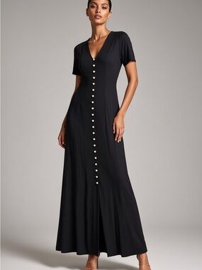 Vintage Just Choon Classic Black Maxi Dress with Pearl Buttons Ties in back 9